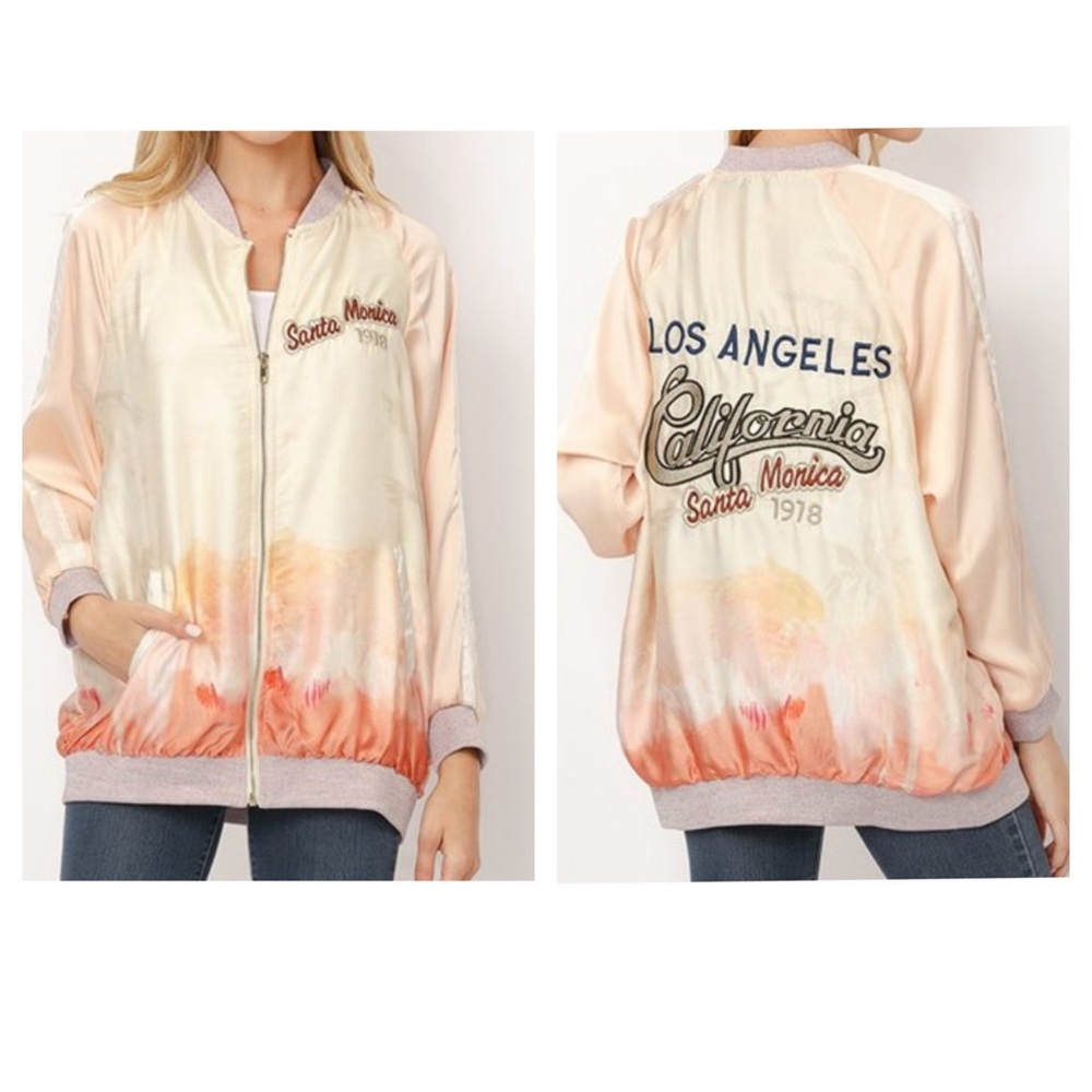 Vizio | Cream & Coral ‘Santa Monica’ Zip-up Bomber Jacket | Large